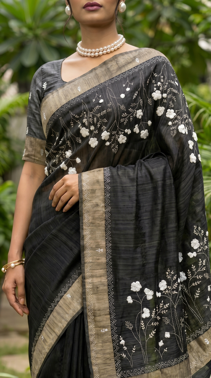 Black hand embroidered Tussar Silk Saree