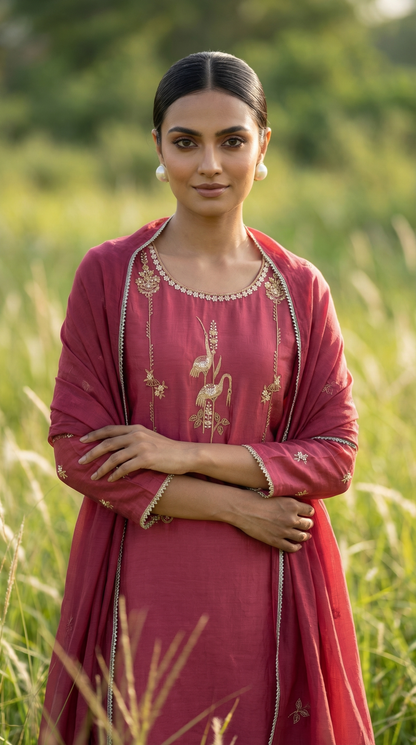 Dusty Rose Resham Embroidery Mul Mul Suit Set
