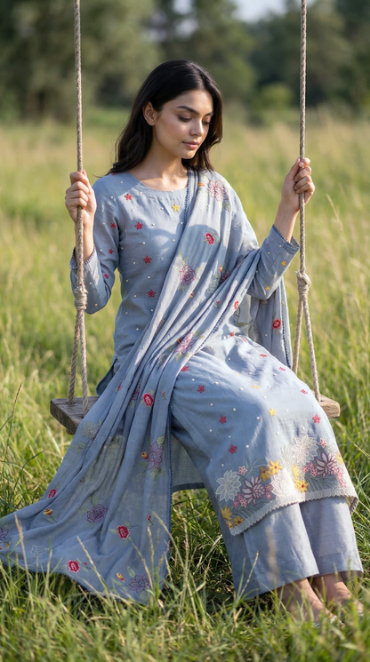 Powder Blue Resham Embroidery Mul Mul Suit Set