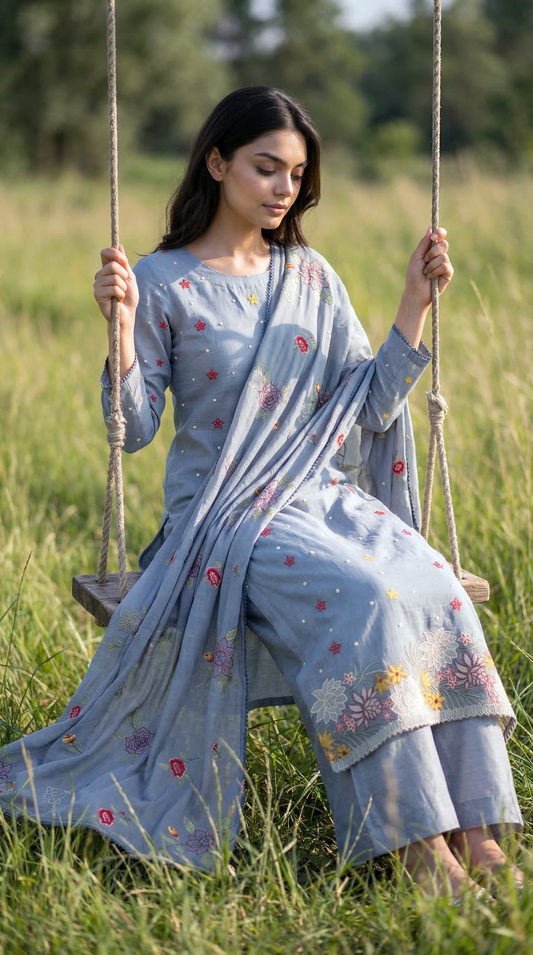Powder Blue Resham Embroidery Mul Mul Suit Set