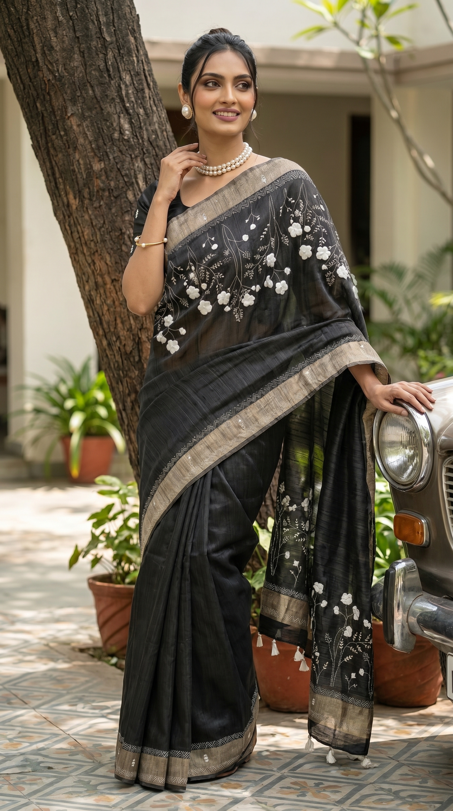 Black hand embroidered Tussar Silk Saree