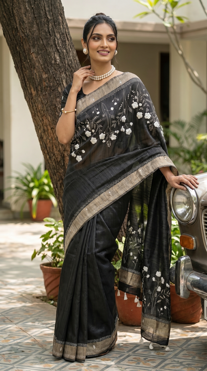 Black hand embroidered Tussar Silk Saree