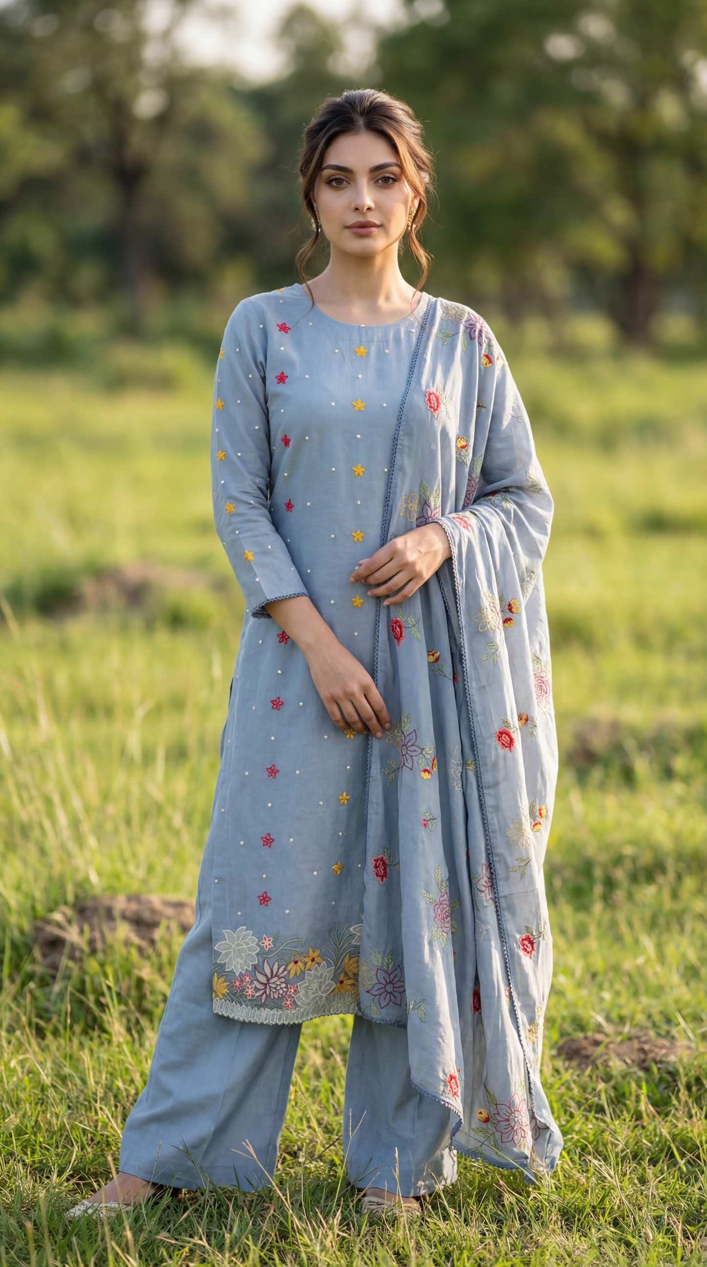 Powder Blue Resham Embroidery Mul Mul Suit Set