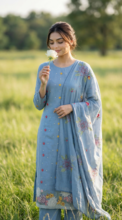 Powder Blue Resham Embroidery Mul Mul Suit Set