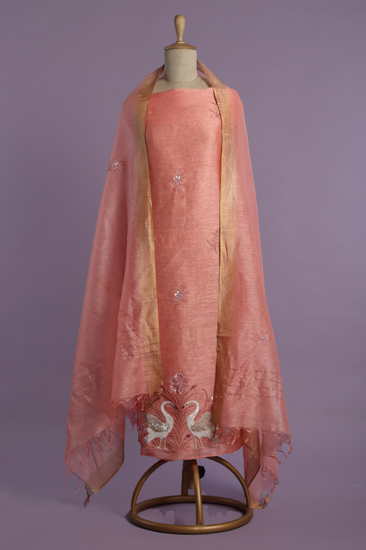 Peach Linen Kurta Set with Intricate Resham Embroidery with Pearls & Sequins