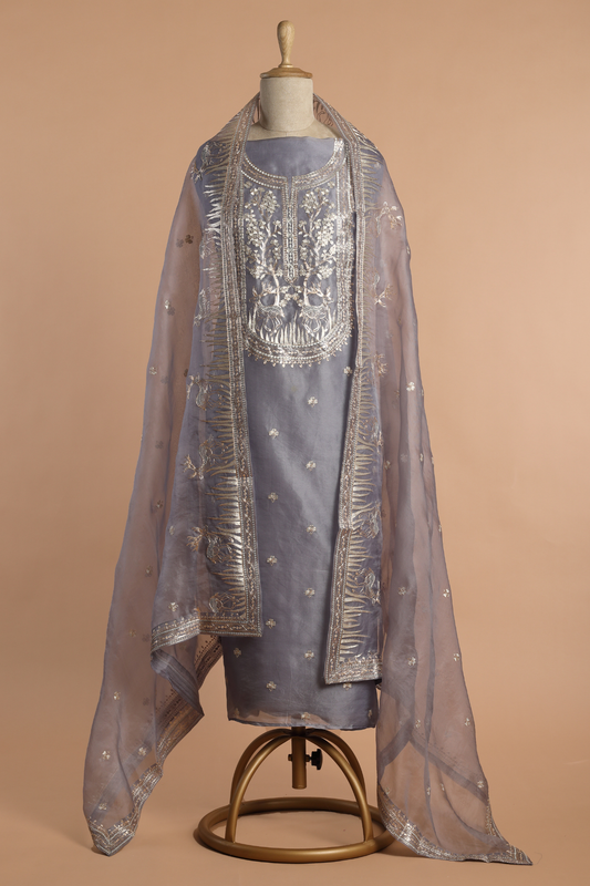 Grey Organza Kurta Set with Animal Motif & Zari Pitta Embroidery