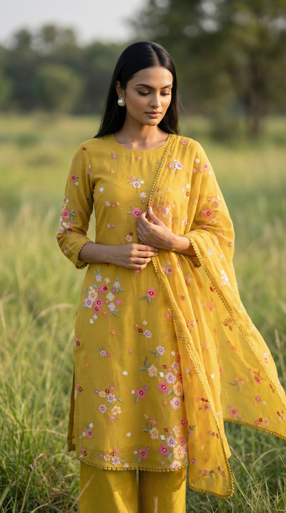 Resham Embroidery Mustard Suit Set