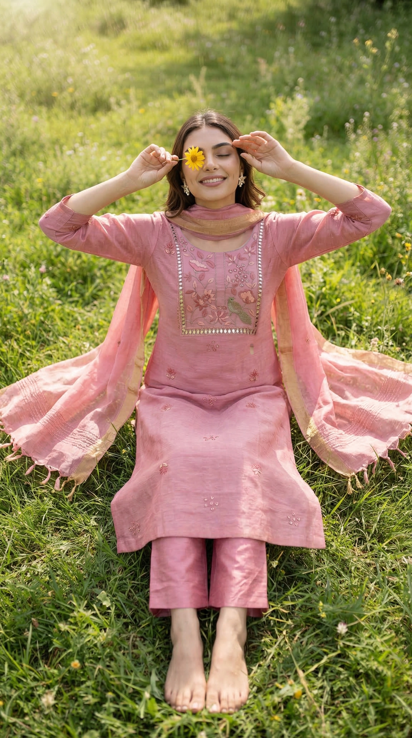 Blush Pink Resham Embroidery Linen Suit Set