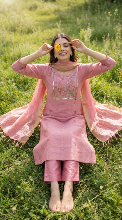 Blush Pink Resham Embroidery Linen Suit Set