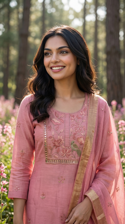 Blush Pink Resham Embroidery Linen Suit Set