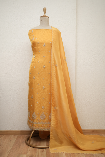 YELLOW JAQUARD TISSUE ZARDOZI KURTA
