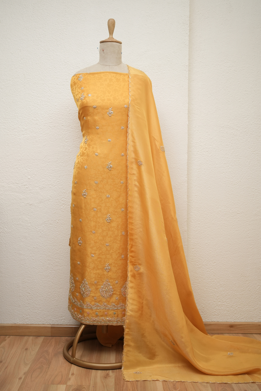 YELLOW JAQUARD TISSUE ZARDOZI KURTA