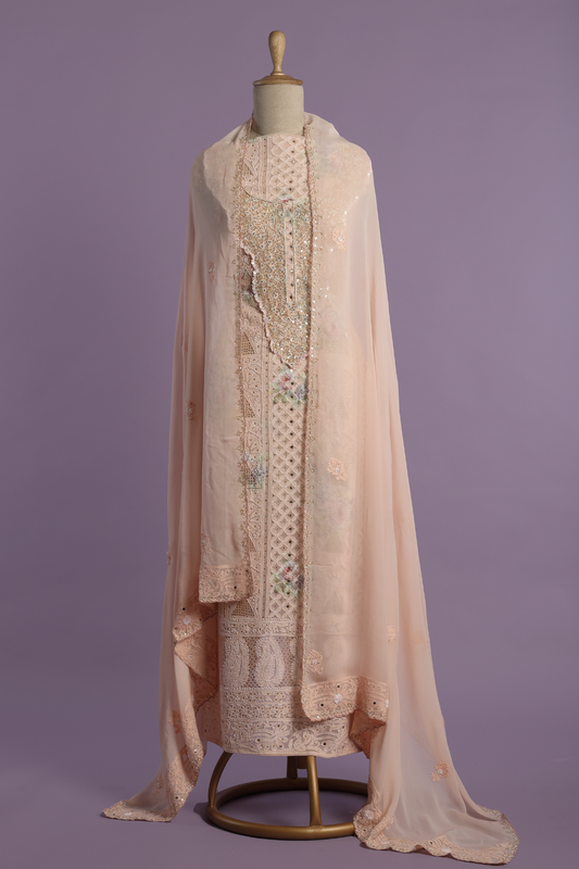 Floral Printed Georgette Chikankari Kurta Set Beautified with Zardozi Embroidery