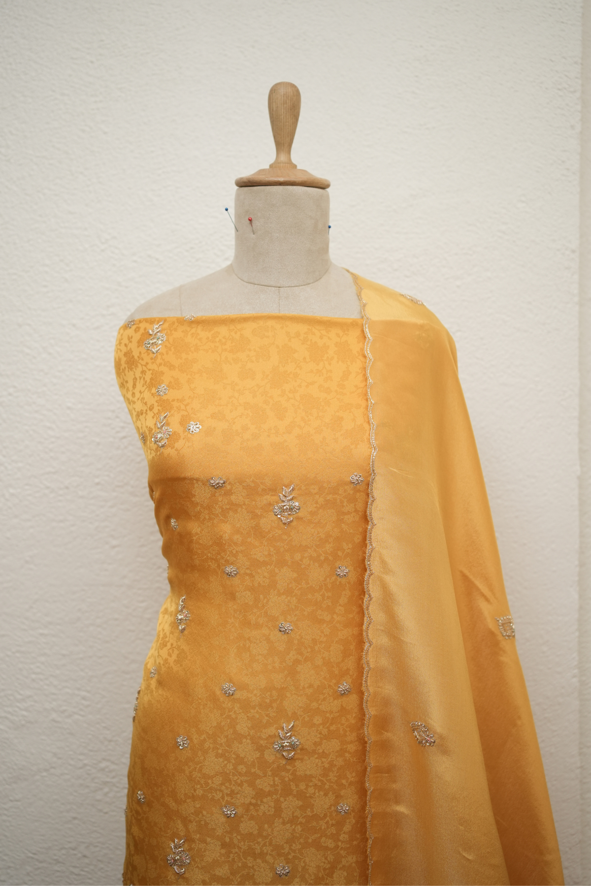 YELLOW JAQUARD TISSUE ZARDOZI KURTA
