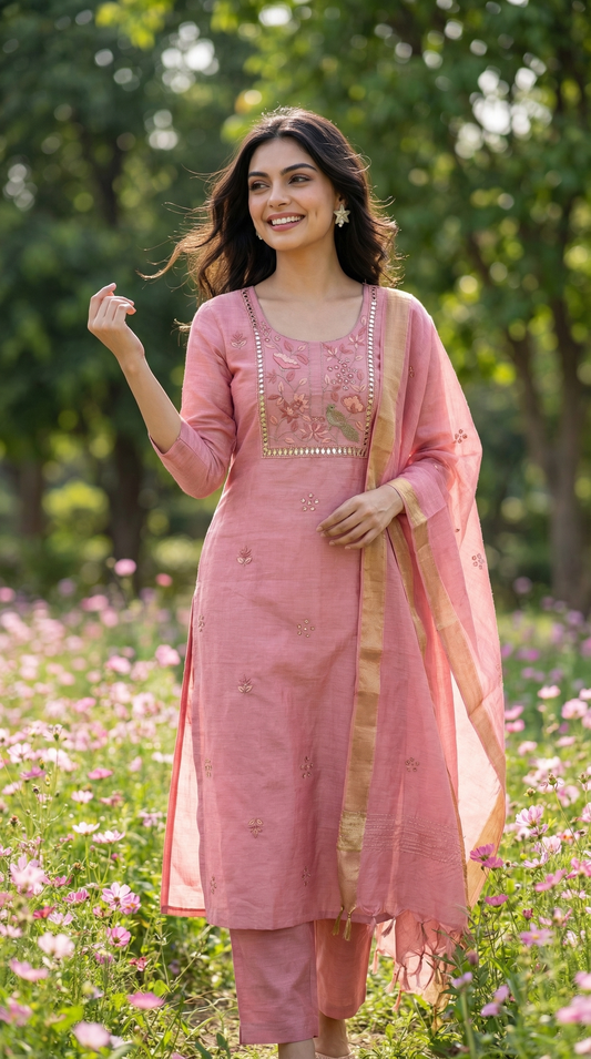 Blush Pink Resham Embroidery Linen Suit Set