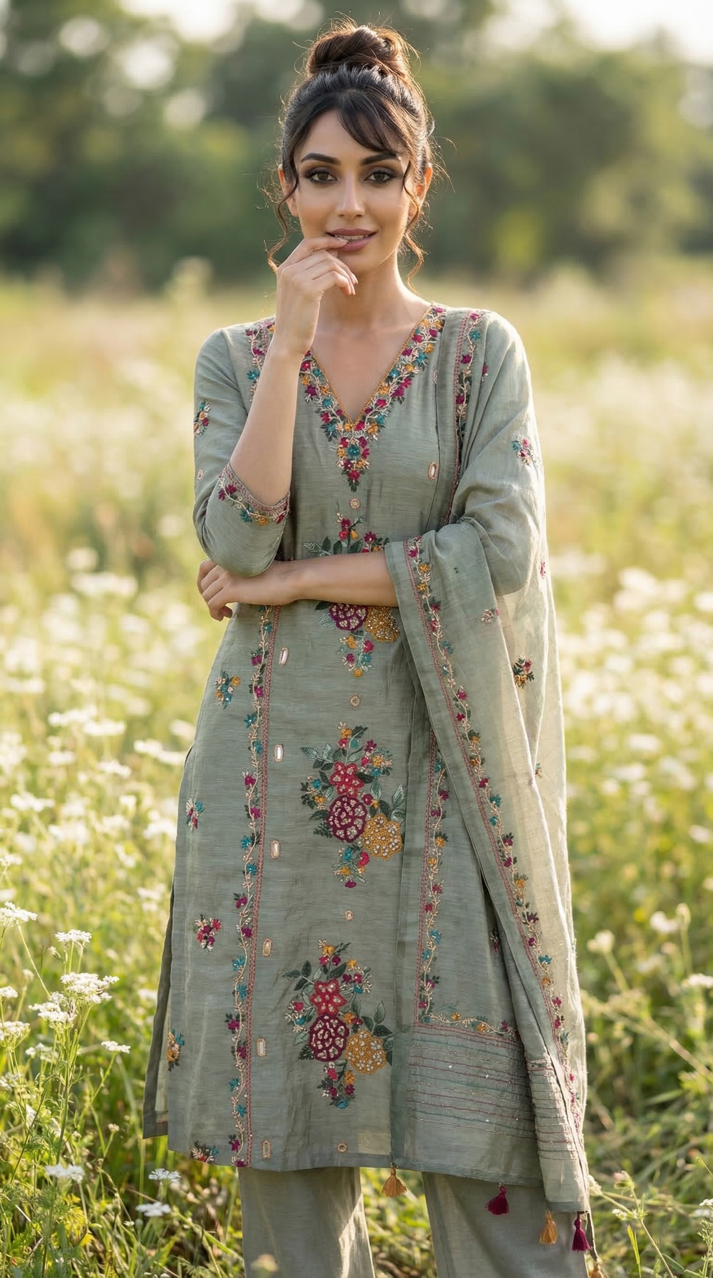 Sage Green Resham Embroidery Linen Suit Set