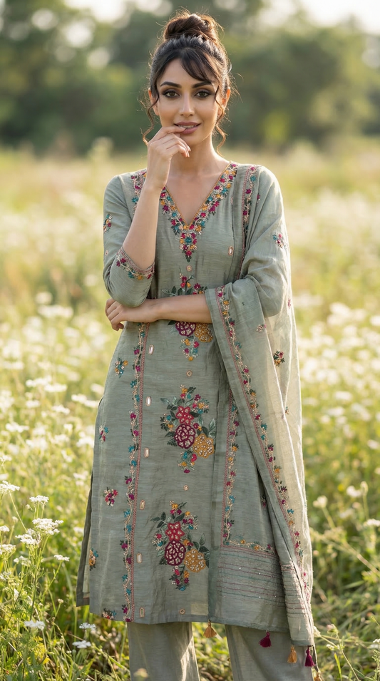 Sage Green Resham Embroidery Linen Suit Set