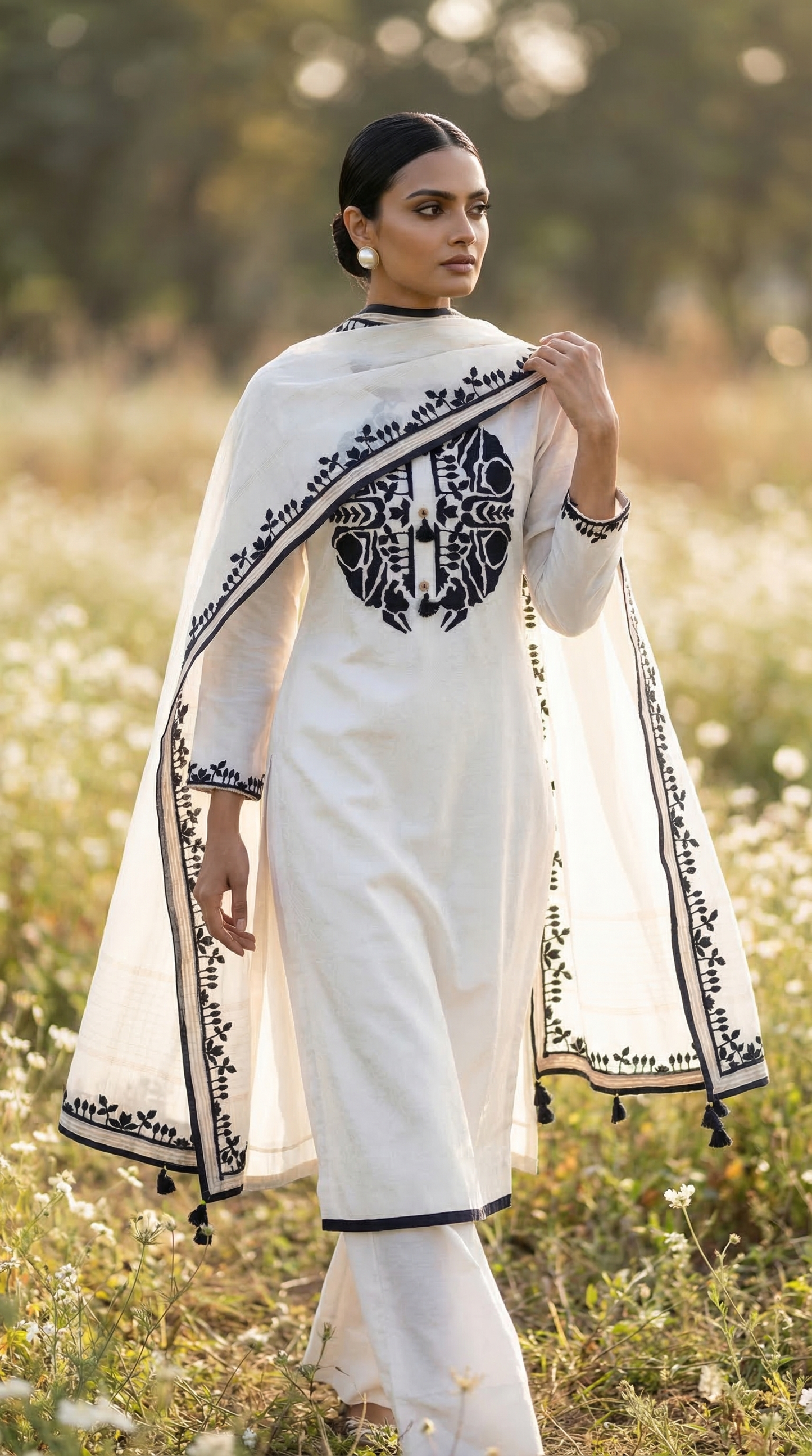 Ivory White-Black Dual Tone Mul Kurta Set with Contrast Applique