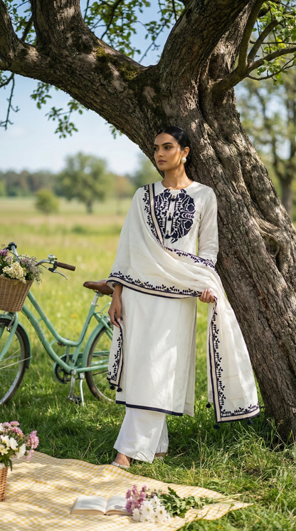 Ivory White-Black Dual Tone Mul Kurta Set with Contrast Applique