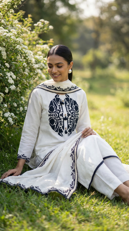 Ivory White-Black Dual Tone Mul Kurta Set with Contrast Applique