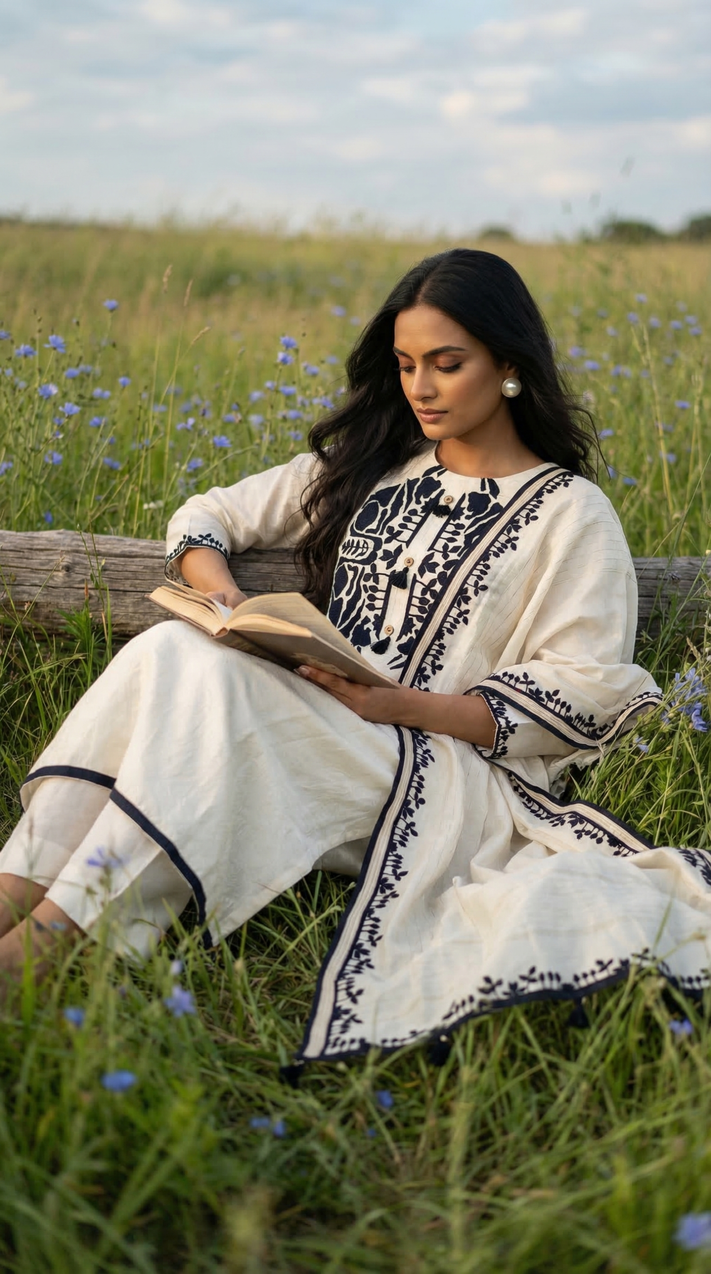 Ivory White-Black Dual Tone Mul Kurta Set with Contrast Applique