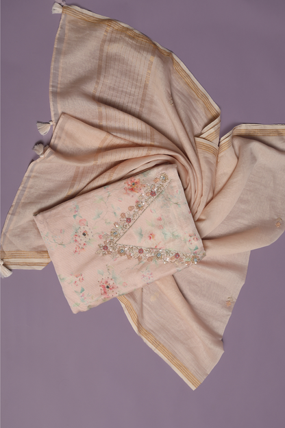Floral Printed Zari Mul Kurta Set with Hand Embroidered Neck Work