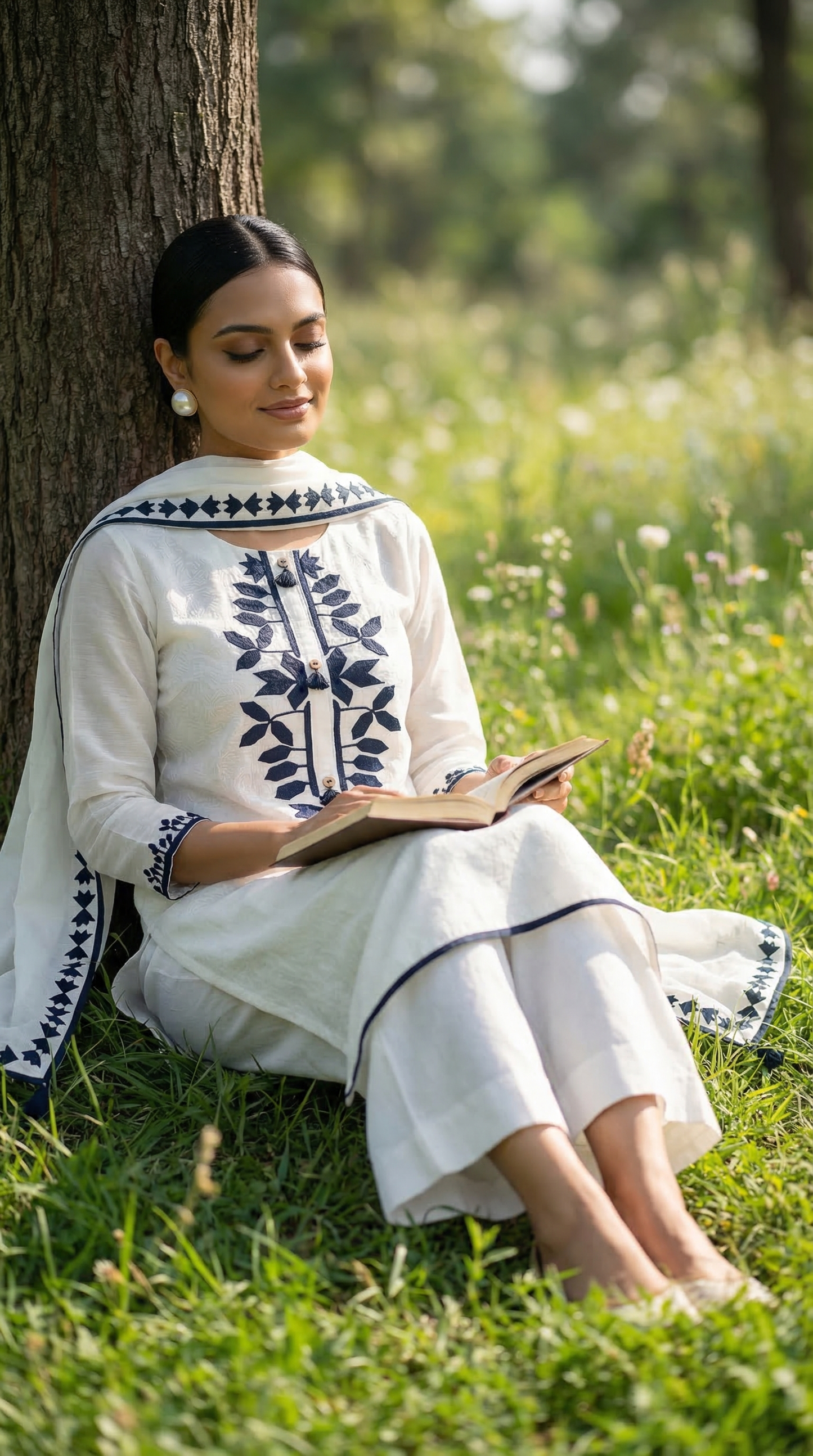 White & Black Soft Mul Kurta Set with Floral Applique Work