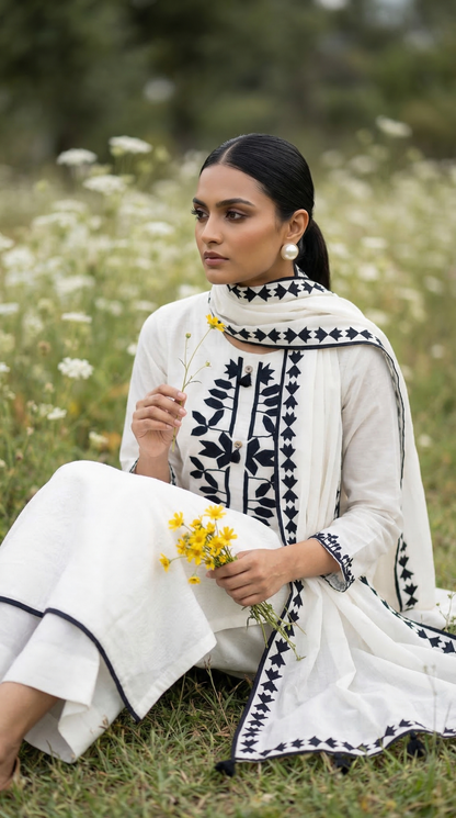 White & Black Soft Mul Kurta Set with Floral Applique Work