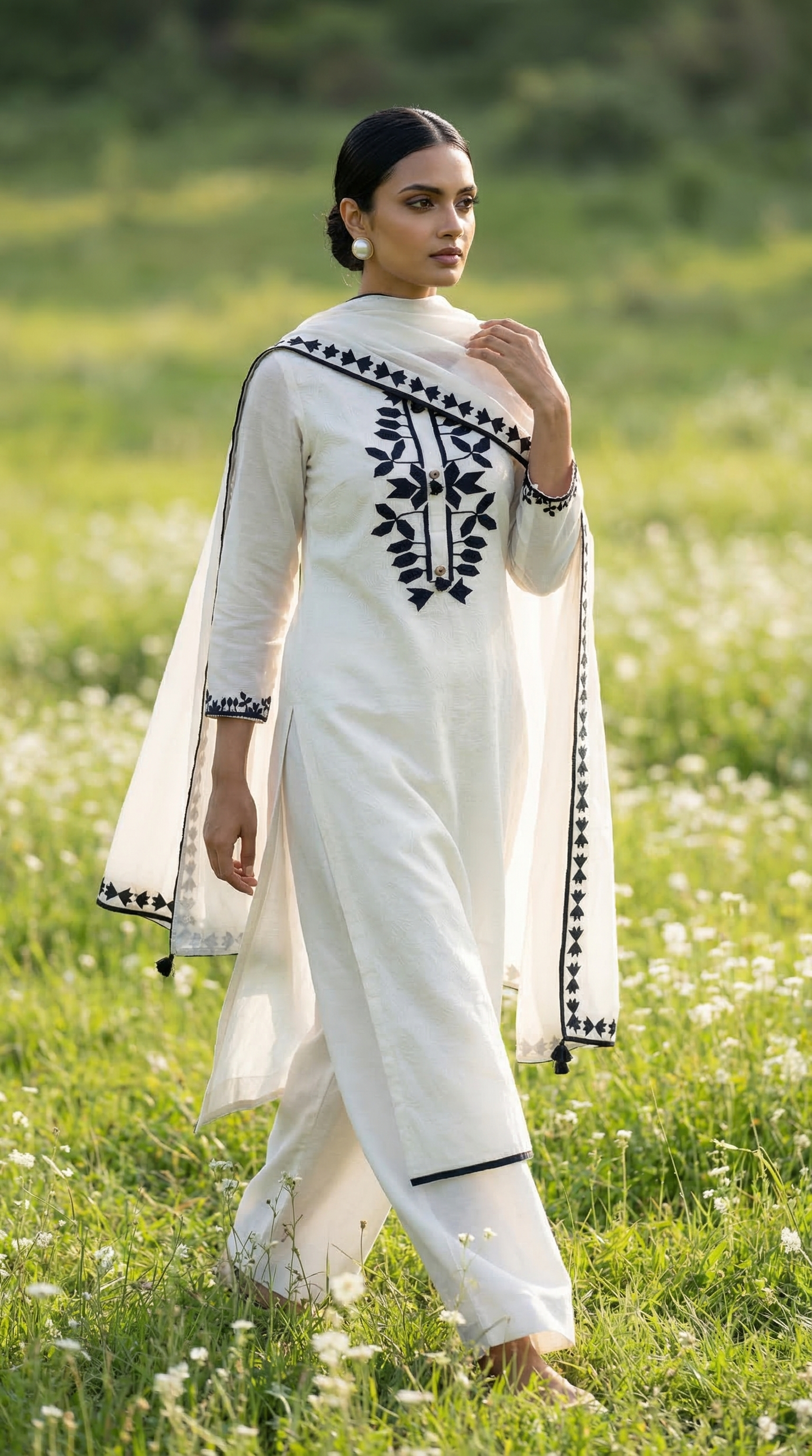 White & Black Soft Mul Kurta Set with Floral Applique Work