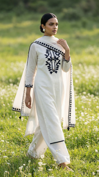 White & Black Soft Mul Kurta Set with Floral Applique Work