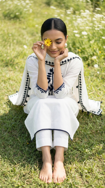 White & Black Soft Mul Kurta Set with Floral Applique Work