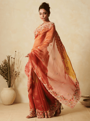 2D Yelow Red Tissue Saree