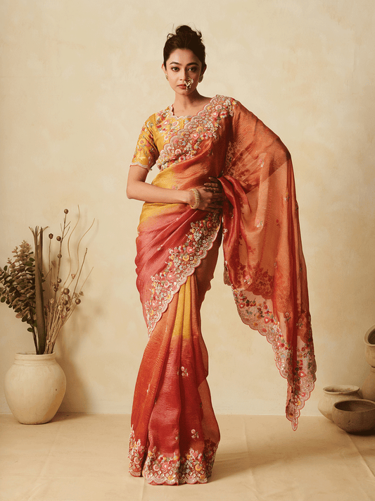 2D Yelow Red Tissue Saree