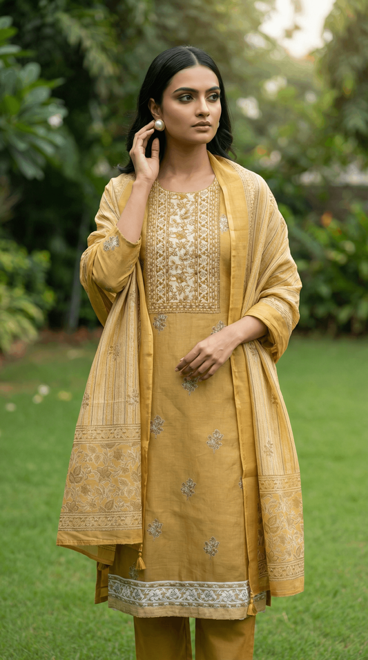 Resham Embroidery Yellow Jute Cotton Stitched Suit Set