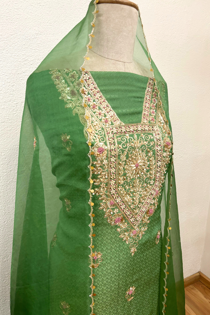 GREEN JAQUARD TISSUE ZARDOZI