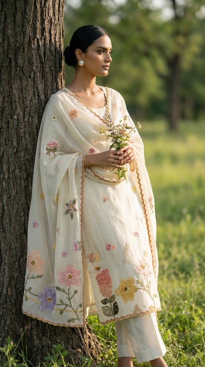 3D Applique Embroidery Ivory Mul Suit Set