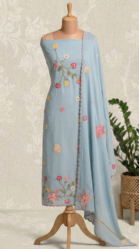 Powder Blue Resham 3D Embroidery Mul Mul Unstitched Suit Set