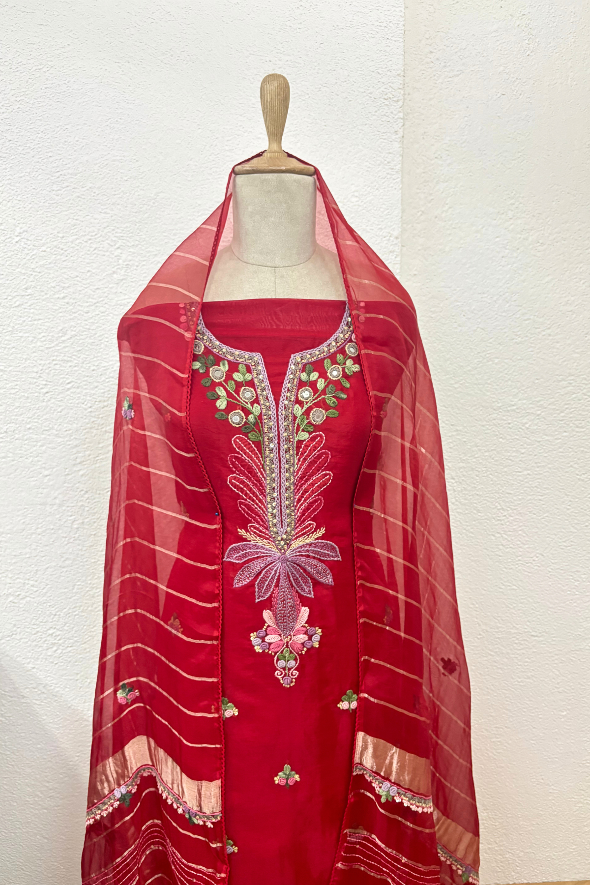 RED ORGANZA SUIT WITH THREAD WORK