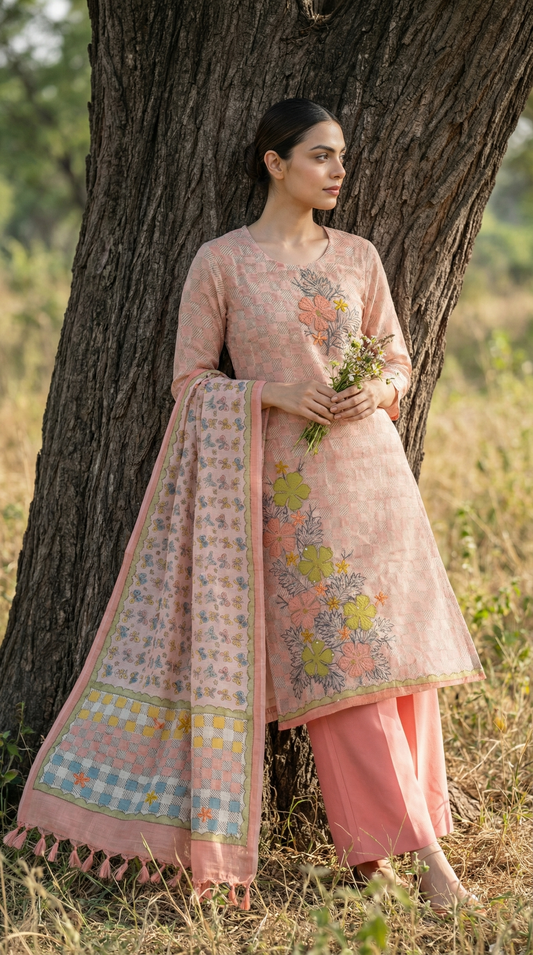 Resham Embroidery Peach Pink Jute Cotton Stitched Suit Set