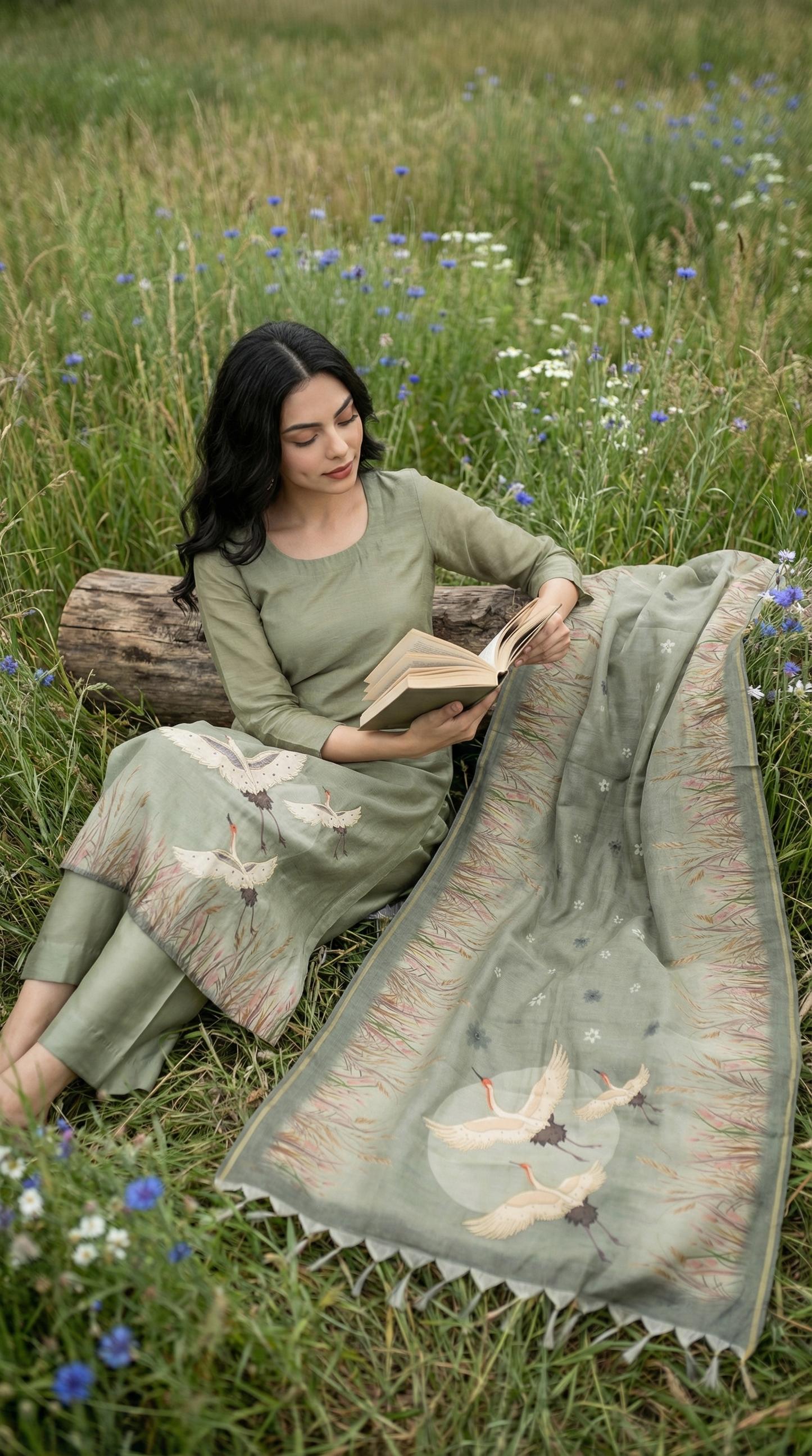 Sage Green Chanderi Stitched Suit Set