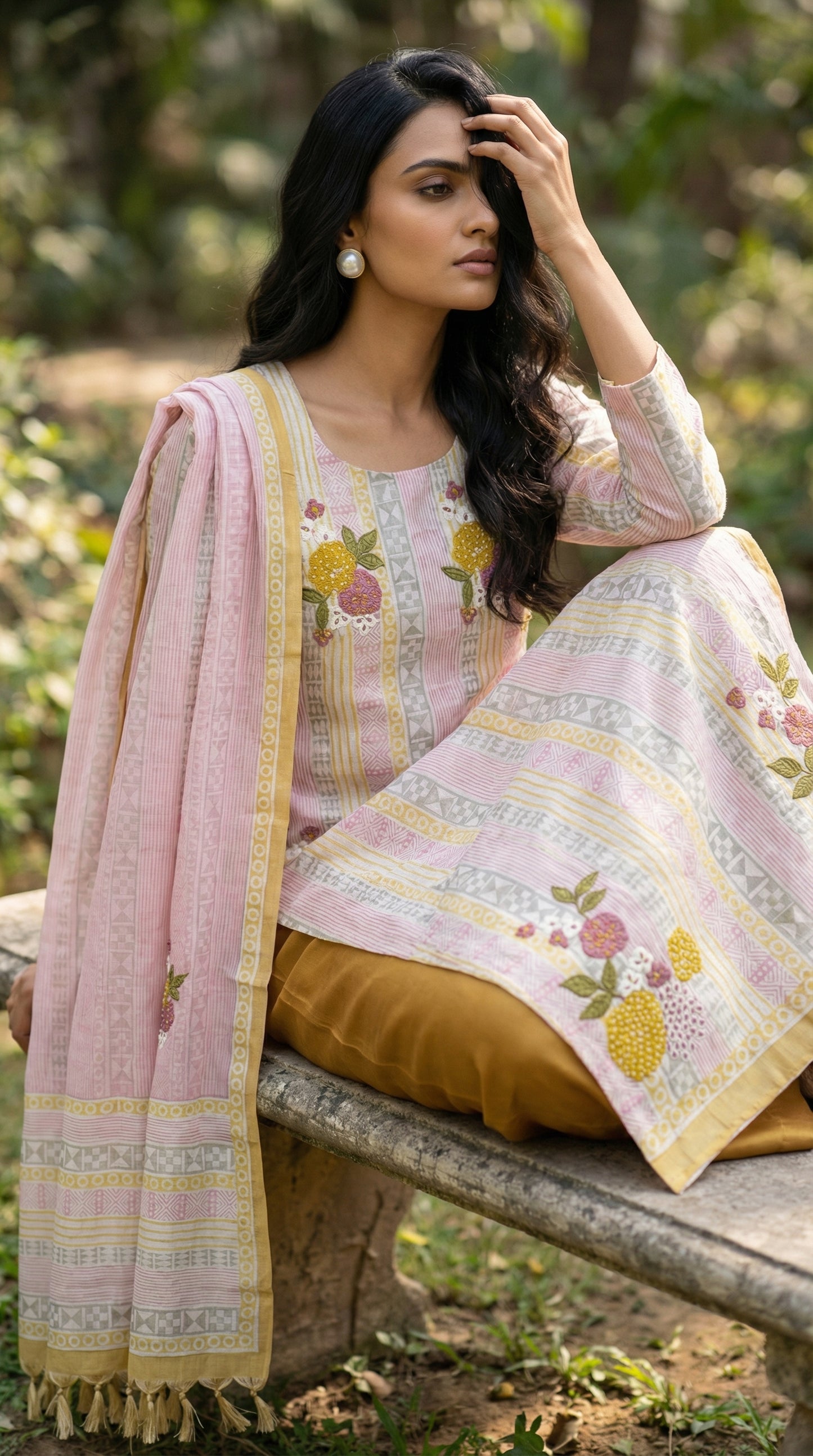 Resham Embroidery Dusty Yellow Jute Cotton Stitched Suit Set