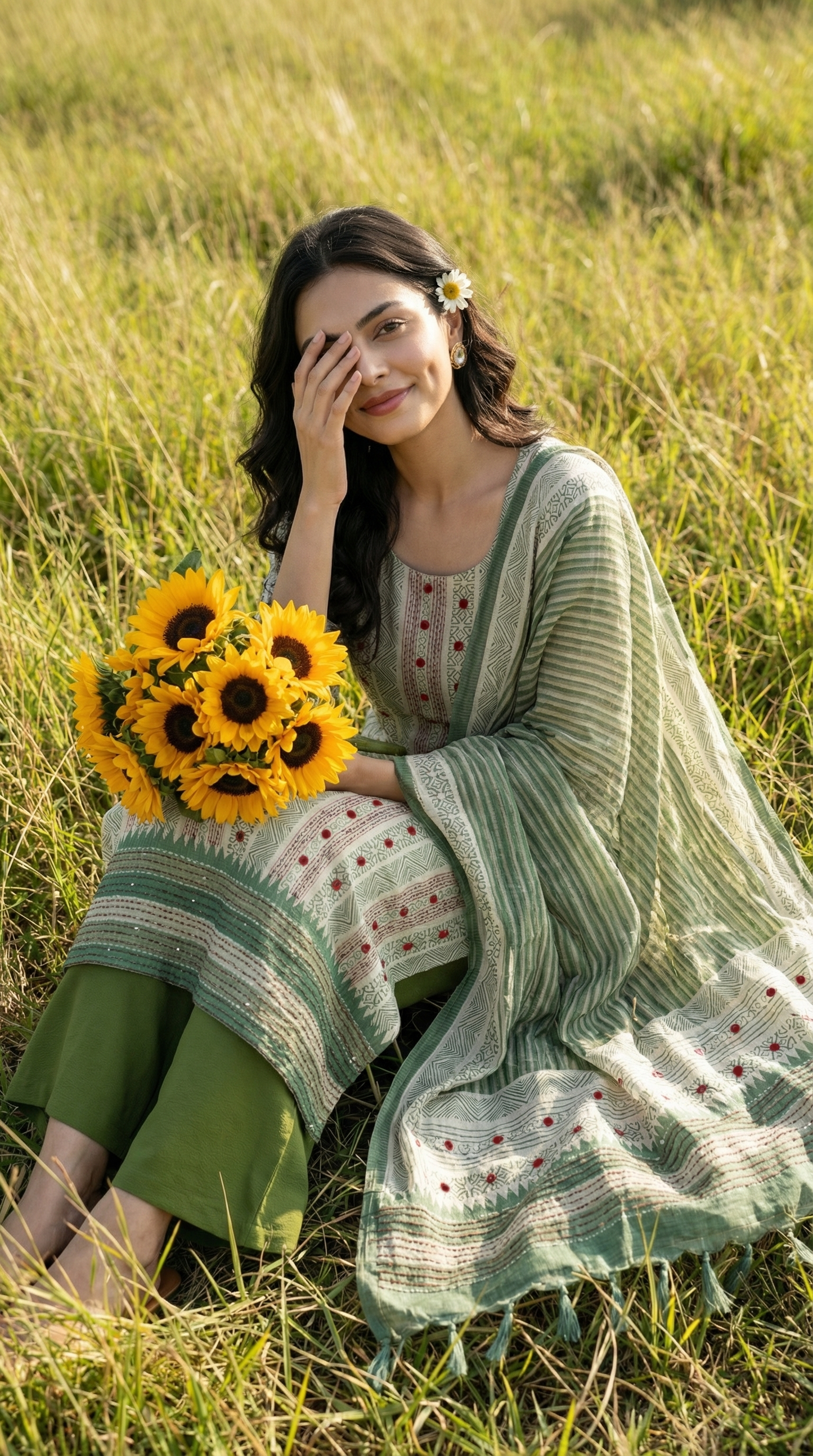 Resham Embroidery Green Jute Cotton Stitched Suit Set
