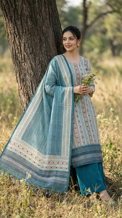 Resham Embroidery Blue Jute Cotton Stitched Suit Set
