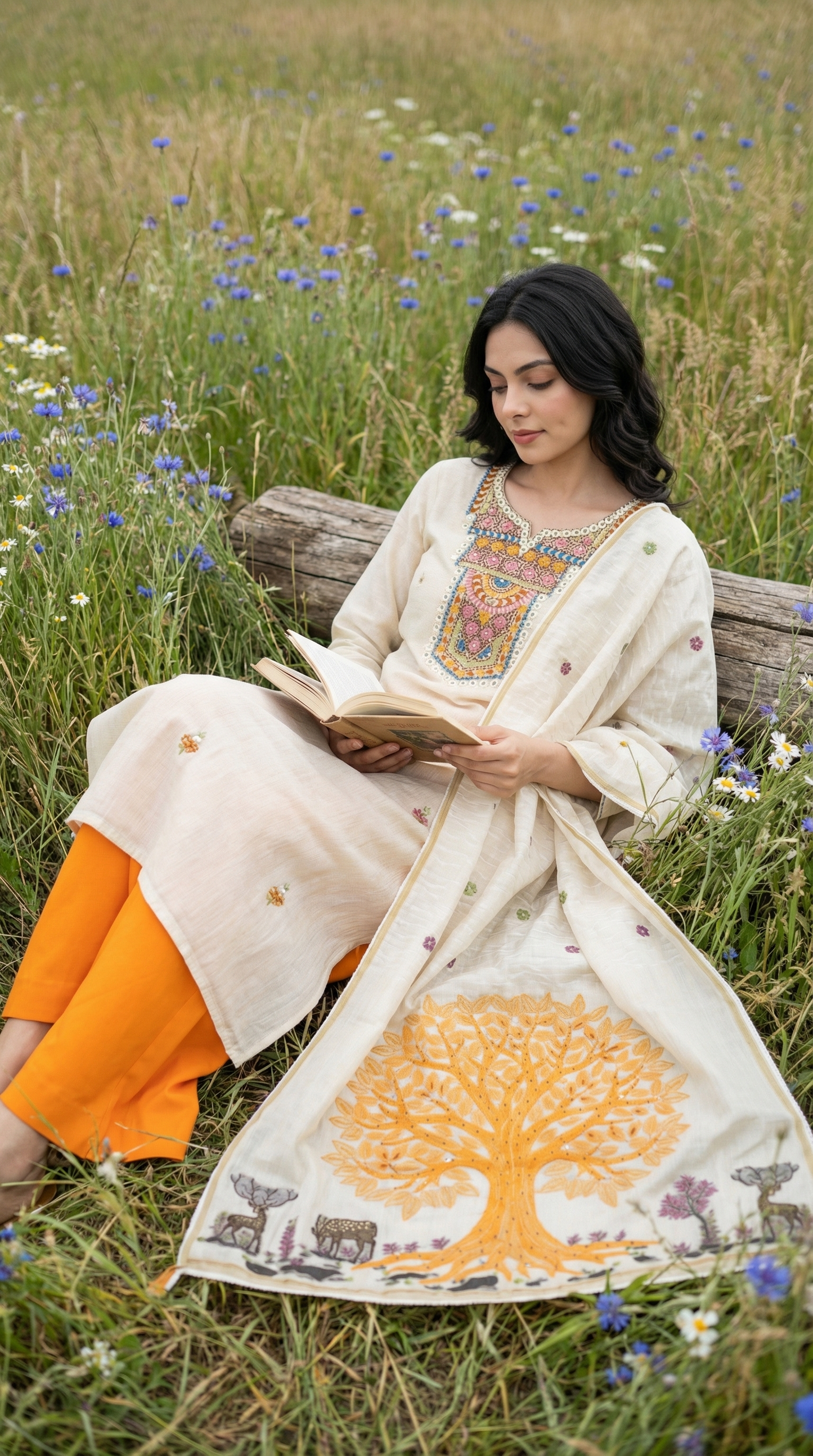 Resham Embroidery Beige &Tangy Orange chanderi Stitched Suit Set