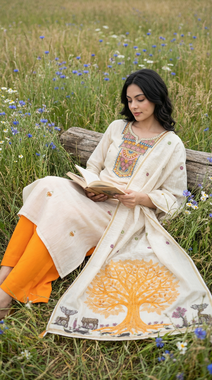 Resham Embroidery Beige &Tangy Orange chanderi Stitched Suit Set