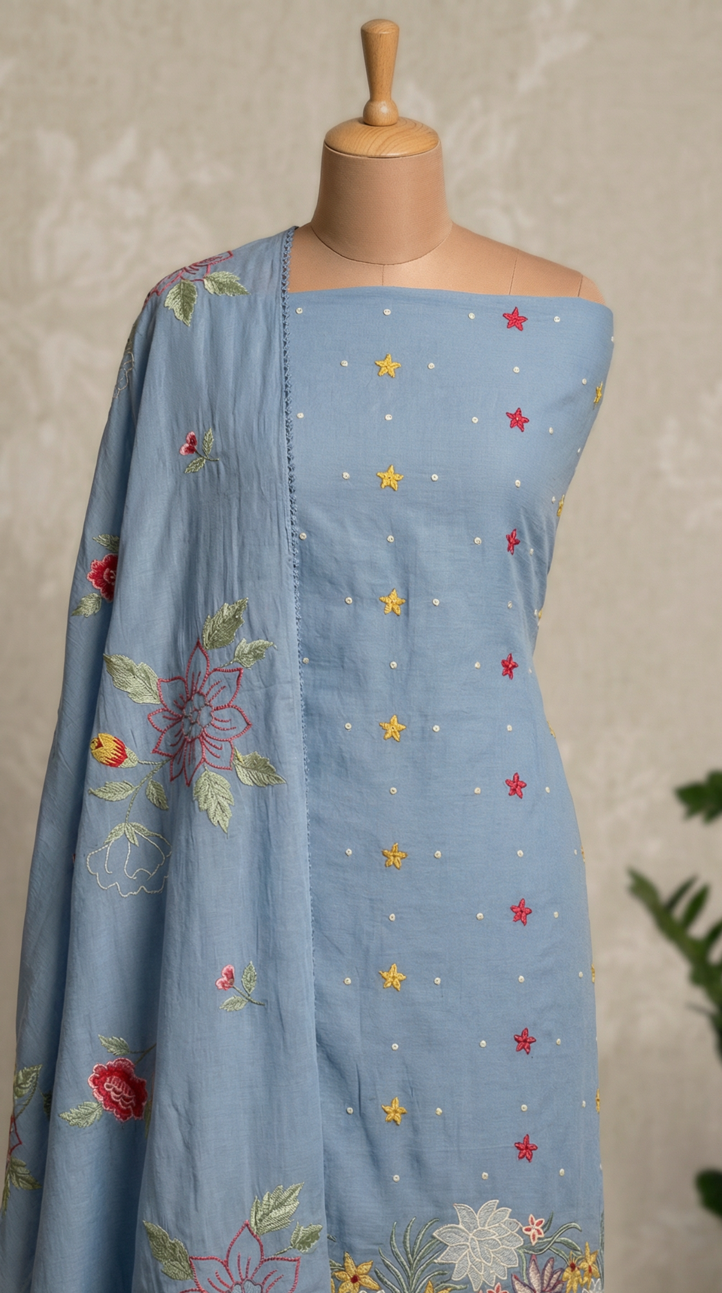 Powder Blue Resham Embroidery Mul Mul Unstitched Suit Set