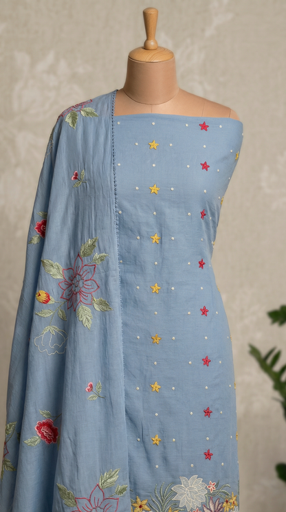 Powder Blue Resham Embroidery Mul Mul Unstitched Suit Set