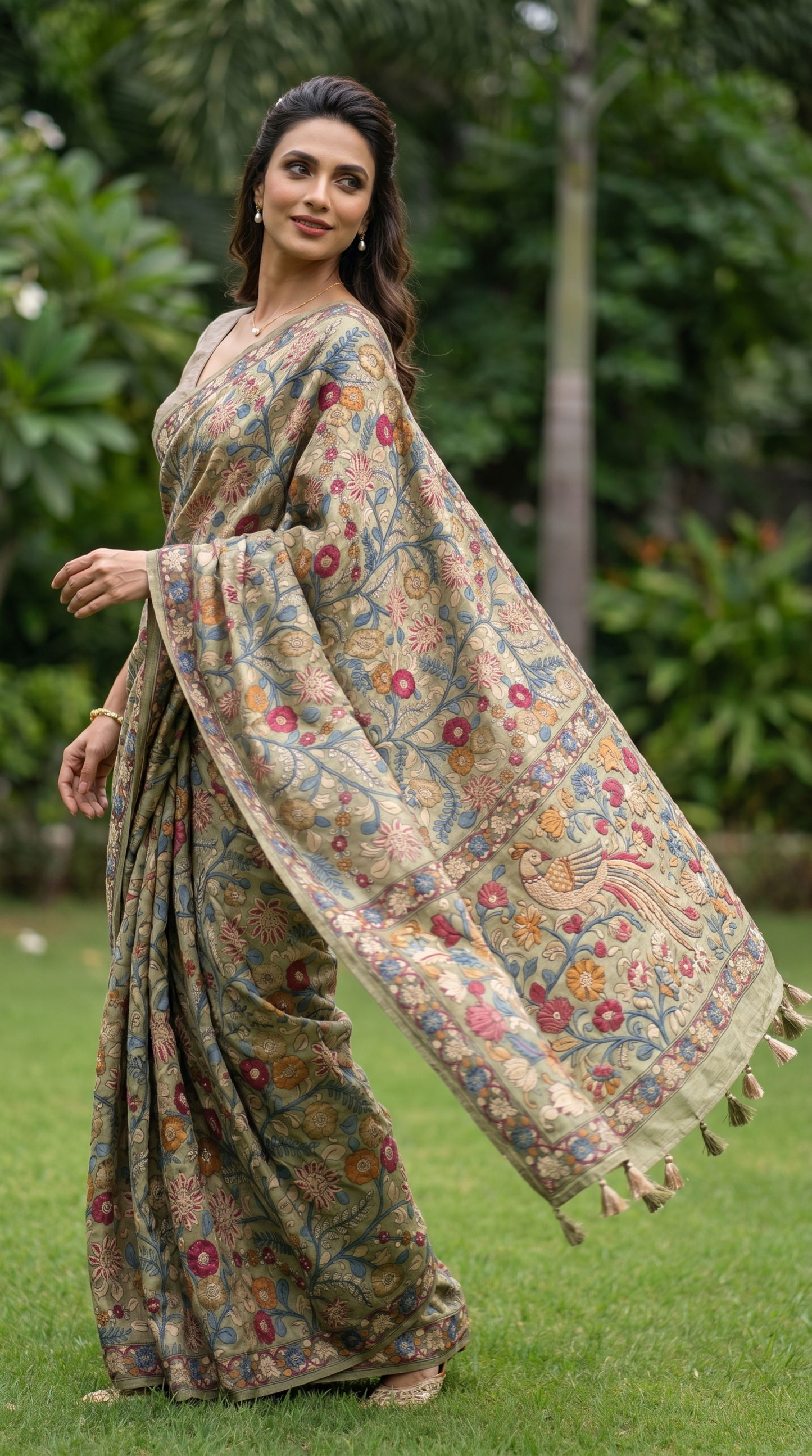 Sage Green Tussar Silk Saree