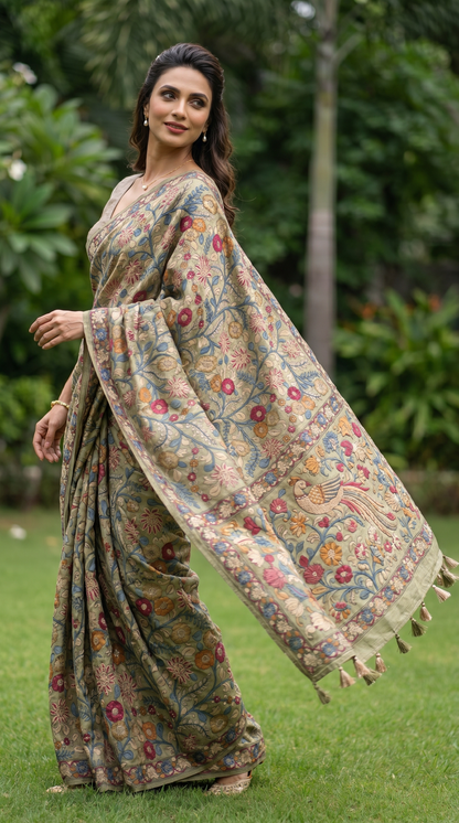 Sage Green Tussar Silk Saree