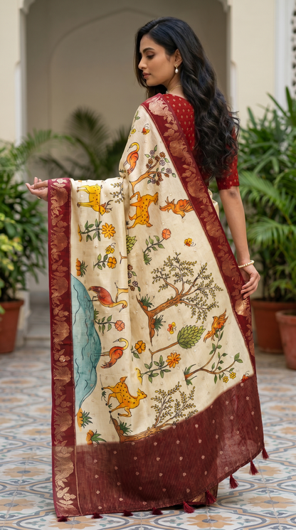 Cream Coloured Tussar Silk Saree